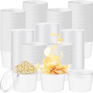 Yungyan 100 Pcs White 8 oz Ice Cream Bowls with Lids Disposable Paper Snack Bowls Soup Containers Dessert Cups for Cold Hot Food Birthday Party Supplies (Elegant Style)