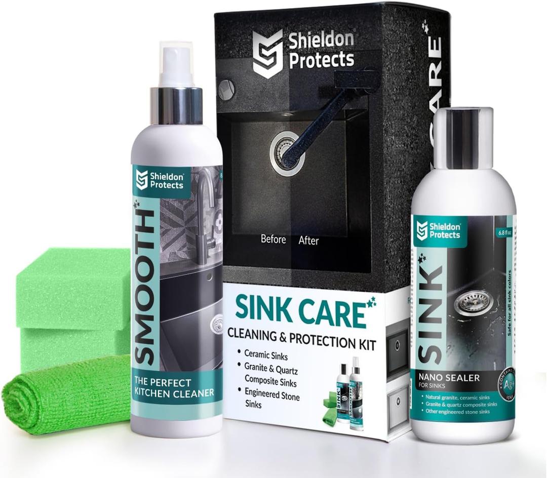 Shieldon Sink Care Kit  Cleaner & Nano Sealer for Granite Composite, Ceramic & Natural Stone Sinks  Restores Shine, Repels Stains, Grease & Hard Water  2 Sponges & Microfiber Cloth