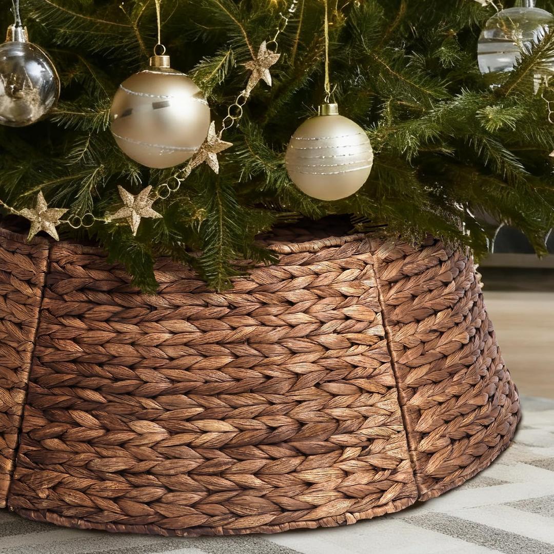 5-Piece Rattan Christmas Tree Collar - 24" Rustic Farmhouse Tree Skirt- Xmas Tree Base Cover for Christmas Decoration- Woven Holiday Tree Ring Accessory for Home, Living Room (Brown, 24 in)