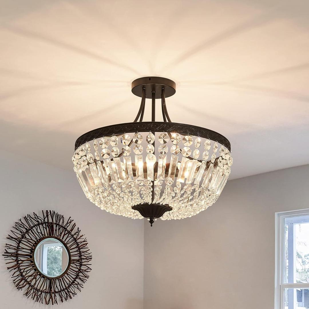 YYJLX 5-Light E12 Round Crystal Ceiling Light Fixture Modern Semi Flush Mount Chandelier Ceiling Lamp for Living Room Dining Room Entryway Hallway Foyer Bedroom Laundry BathroomBlack