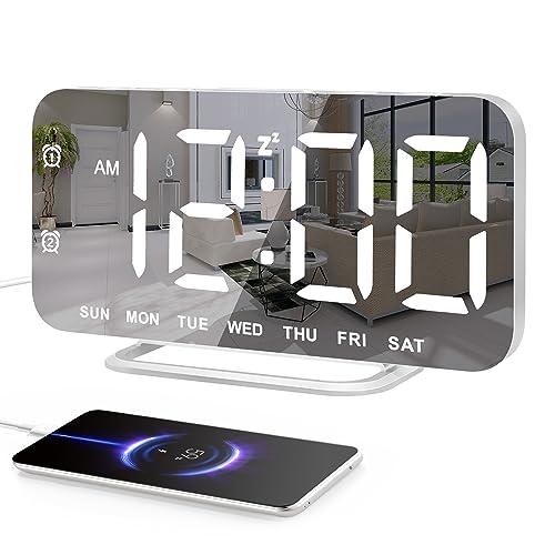Slim LED Digital Alarm Clock, Mirror Surface for Makeup, with Diming, Large Display, Easy Setting, USB Charger Ports, Modern Bedroom, Desk, Office Living Room Decor, Christmas Birthday for Women Girl