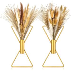 Peryiter 2 Pcs Boho Wall Decor Metal Wall Art x Shaped Hanging Planters with Artificial Pampas Modern Home Decor for Bedroom Bathroom Living Room(Gold)