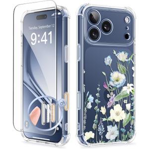 GVIEWIN for iPhone 17 Pro Case with Screen Protector, Upgraded [Full Camera Protection] [Non Yellowing] Floral Slim Shockproof Clear Women Phone Cover for iPhone 17 Pro 6.3" (Aquilegia/White)