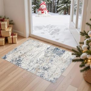 2x3 Entryway Area Rug: Washable Neutral Modern Abstract Small Rug - Non-Slip Low Pile Throw Indoor Carpet for Entrance Kitchen Front Door Mat Bathroom Entry Kids Room - Beige Blue