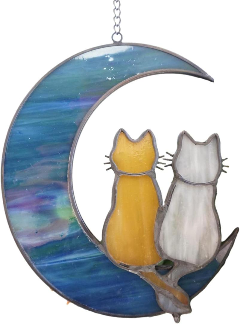 Cat Stained Glass Suncatcher  Cat on Moon Real Glass Window Hanging  Unique Modern Design Wall Art for Home or Garden Dcor  Perfect Feline Lover Gift