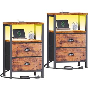 Furologee Nightstands Set of 2 Charging Station, End Tables with LED Lights, Nightstands with 2 Fabric Drawers and Shelves, Bedside Tables for Living Room/Bedroom,Rustic Brown