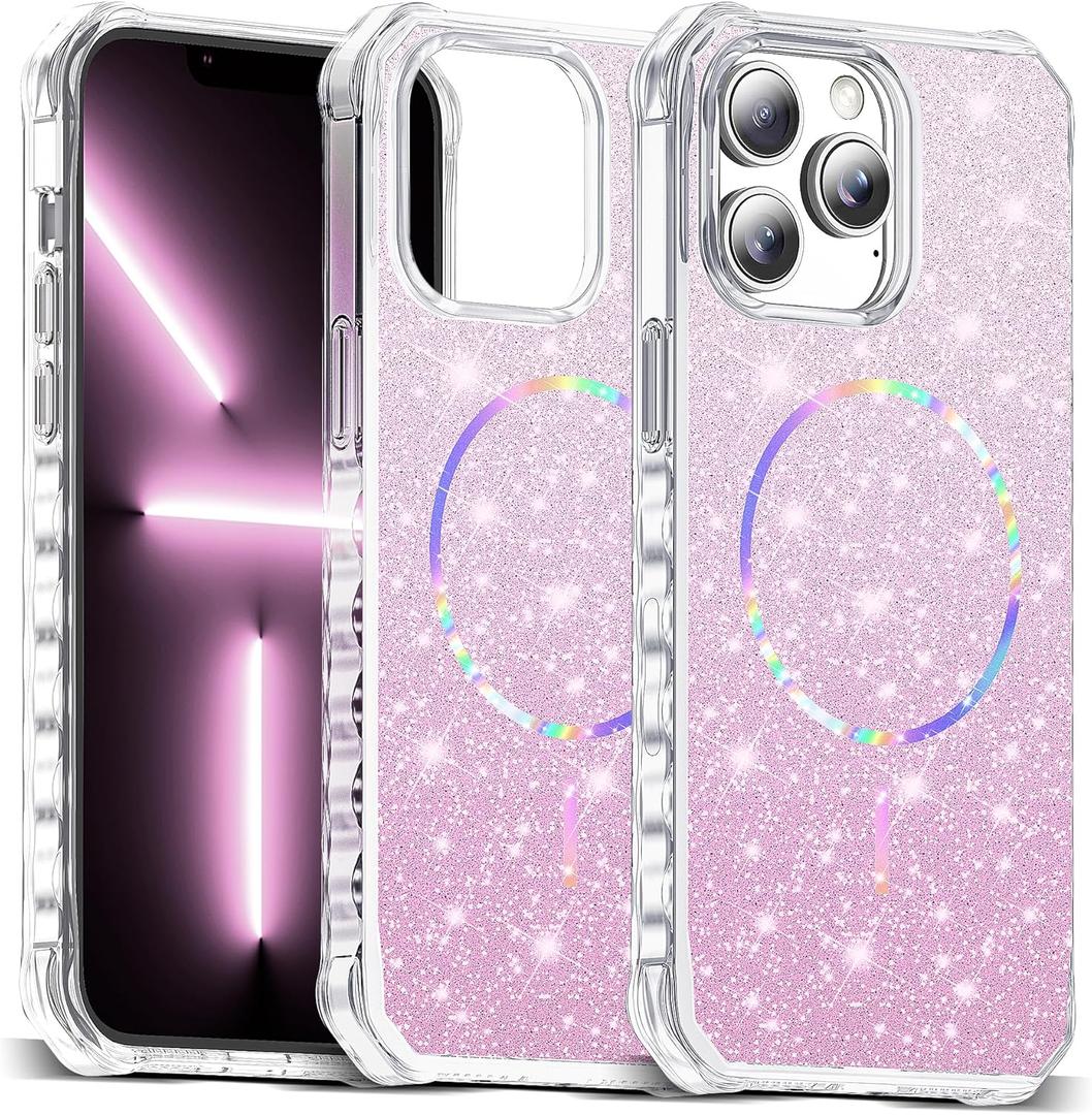 Compatible with iPhone 12 Pro Max Case & iPhone 13 Pro Max Case Magnetic Glitter iPhone 12&13 Pro Max Phone Cases 6.7" with Curly Wavy Design [Bling & Cute][Compatible with Mag-Safe],Pink