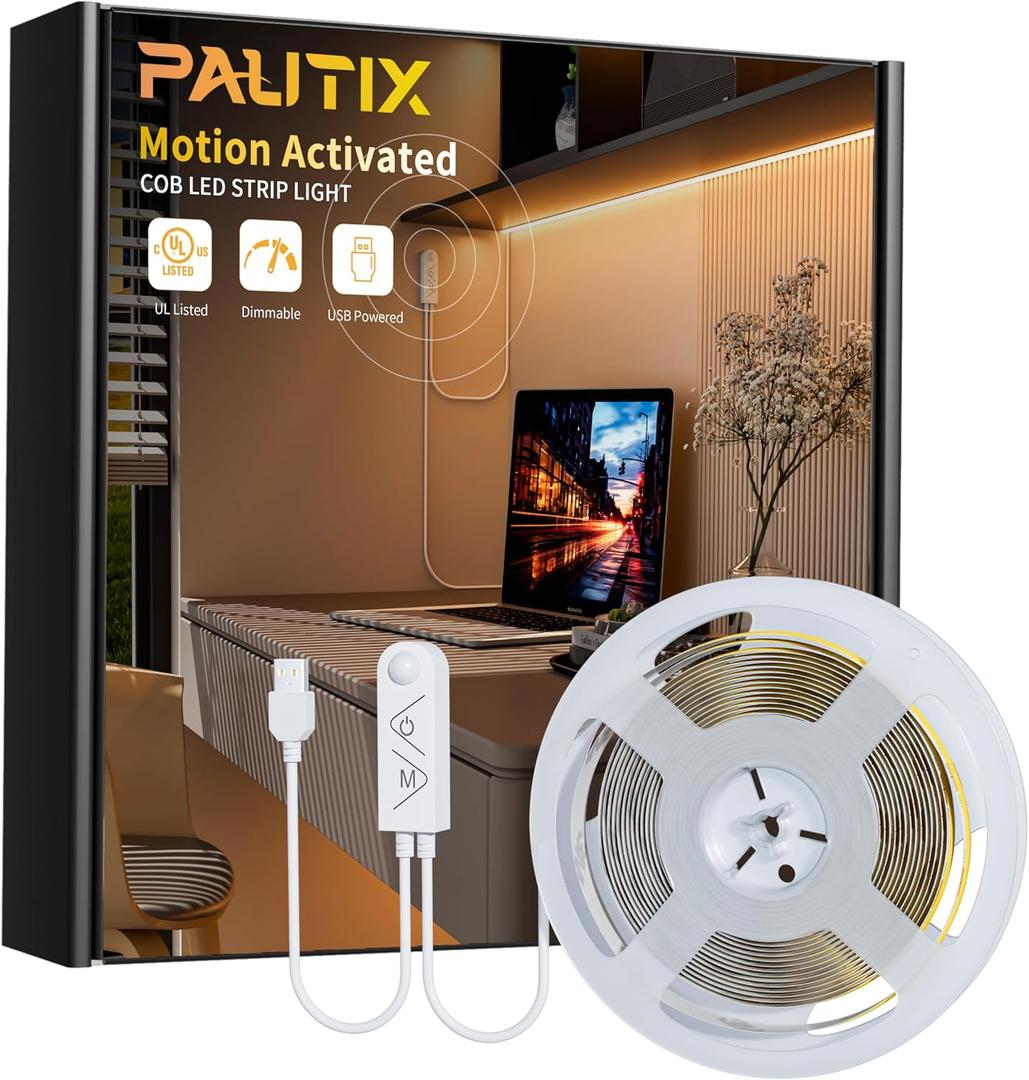 PAUTIX COB LED Strip with Motion Sensor,5V USB LED Tape Light 2700K Warm White,9.84ft Super Bright,Dimmable Motion Activated LED Strip Light for Bedroom,Cabinets,Kitchen,Stair,Closet Lighting Projects