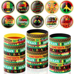 3 x 60Pcs Juneteenth Party Favors Bulk Include 30 Juneteenth Freedom Day Button Pins and 30 Happy Juneteenth Silicone Bracelets for 1865 Black Emancipation Day Activity Supplies Gifts