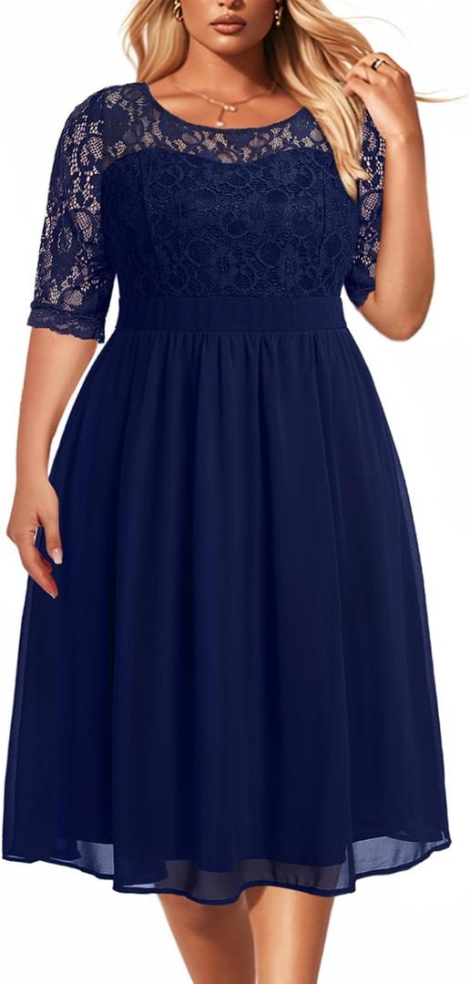 Pinup Fashion Plus Size Lace Chiffon Wedding Guest Dresses Women Cocktail Party Midi Dress 24W