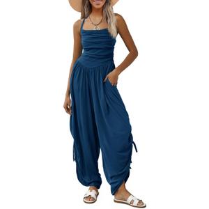 Fisoew Womens Casual Jumpsuits Summer Halter Straps Sleeveless Overalls Ruched Barrel Wide Leg Side-Cinch Long Pant Rompers, X
