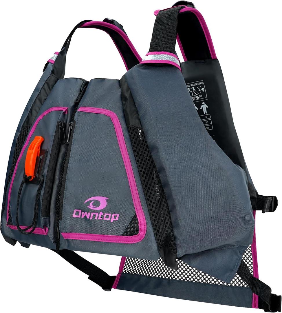 Owntop Adult Swim Vest | Excellent Buoyancy | High Mesh Back | Float Jacket for Kayaking, Boating, Fishing, Paddle Sports (Gray-Pink)