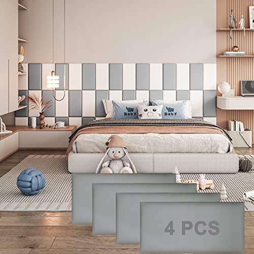 YLL YLL Peel and Stick Headboard Grey Upholstered Wall Panels Pack of 4 Panels 3D Anti-Collision Wall Padding Wall Mounted headboard Soundproof Wall Panels