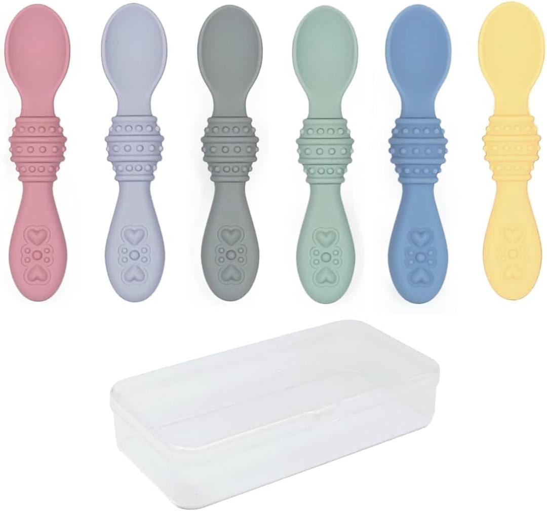 Elk and Friends Silicone Baby Spoons | Travel Case Included | First Stage Infant Toddler Spoon | Baby Led Weaning Stage | Dishwasher Safe (Blush/Lilac/Lemon/Sage/MistyBlue/Gray)