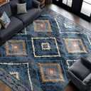 Area Rug 8x10 Rug Machine Washable Non-Slip Low Pile Print Pattern Western Rug for Living Room Bedroom Entryway Tribal Series -Darkblue