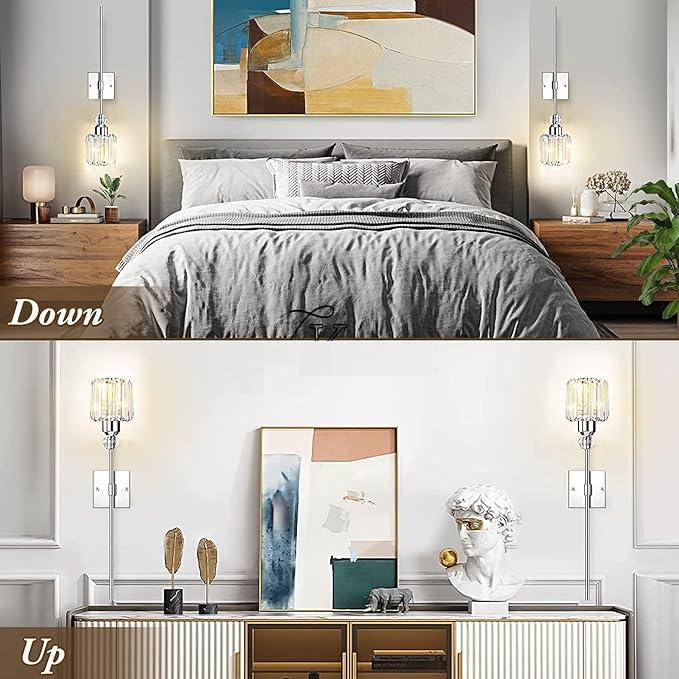 Modern Wall Sconces Lighting Battery Operated Set of 2,No Wiring Rechargeable Wall Lights Fixture with Wireless Remote,Clear Glass Long Wall Lamp Silver for Bedroom Bathroom Living Room Vanity Light