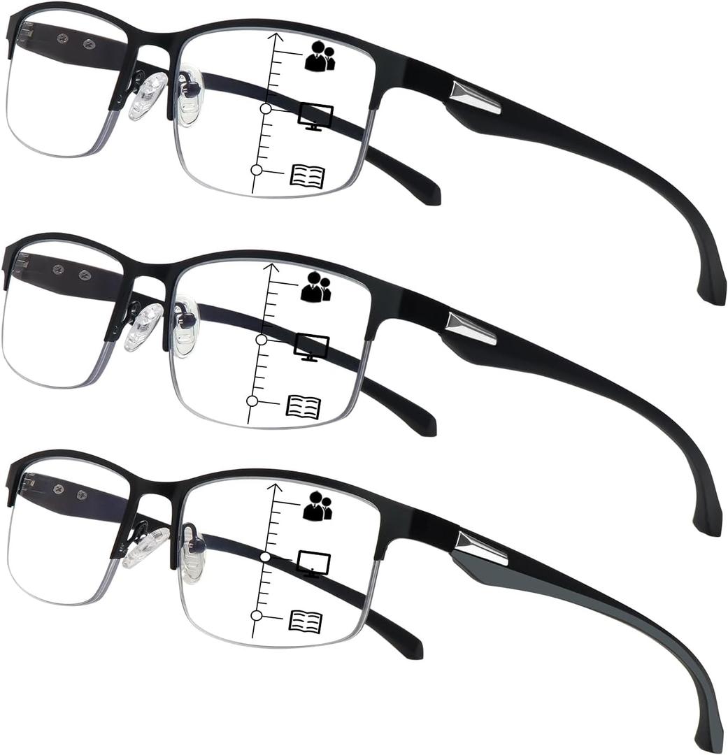 CLASAGA Progressive Multifocus Reading Glasses for Men,Lightweight Metal Half Frame Blue Light Blocking Computer Readers (3 Mix)