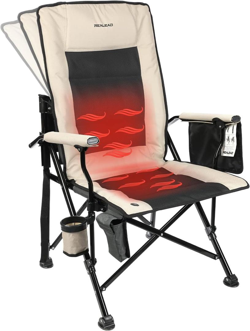 REALEAD Heated Camping Chair - Fully Padded - Heated Chairs Outdoor Sports - Supports 400 lbs - Portable Heated Outdoor Camp Chair for Sport Events - Battery NOT Included