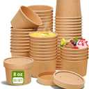 DI QIU REN 8oz Paper Soup Container Cup with Vented Lids, Disposable Paper Food Container Kraft Dessert Bowl Soup Bowls, Microwavable and Freezer Safe for Hot Soup, Ice Cream (50 Pcs - Kraft, 8 oz)