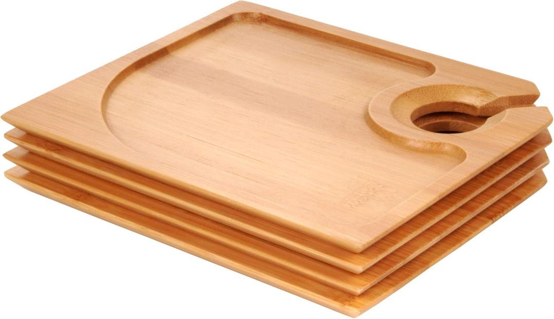 BambooMN 7" x 5.9" Bamboo Cocktail Appetizer Plates with Wine Glass Holder, 4 Pieces
