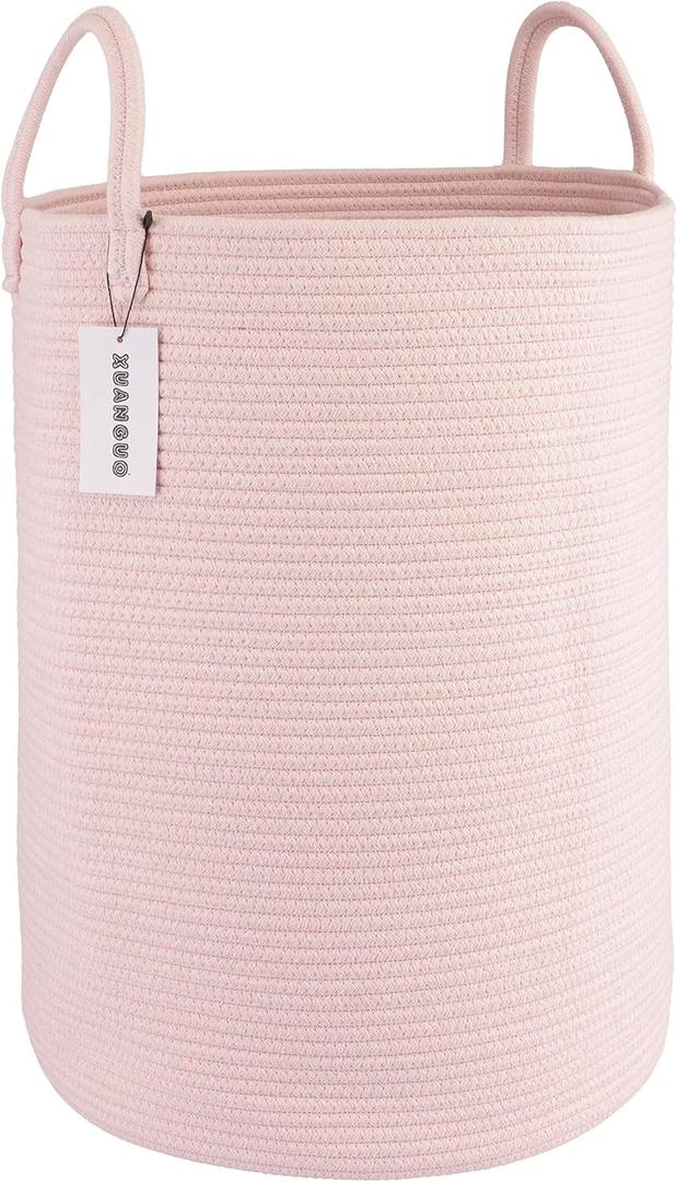 XUANGUO Cotton Rope Laundry Basket Hamper for Clothes Woven Storage Basket for Living Room Bedroom Boho Tall Rope Baskets for Blanket Toys Pillow Towels Baby Nursery Hamper Bin Large, Pink