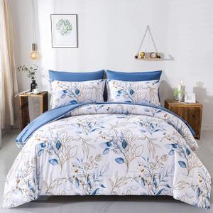 WONGS BEDDING Blue Comforter Set Full, 7 Pieces Botanical l Reversible Bed in a Bag Golden Blue Leaves Bedding Set Soft Microfiber (1 Comforter,2 Pillowcase,2 Pillow Shams,1 Flat Sheet,1 Fitted Sheet)