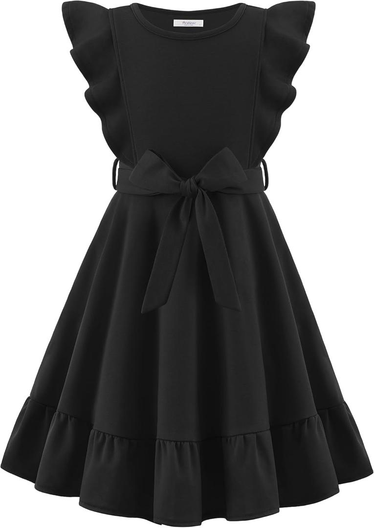 Arshiner Girls Black Dress Flutter Sleeve A-line Dresses Casual Party Church Funeral Dresses Size 6