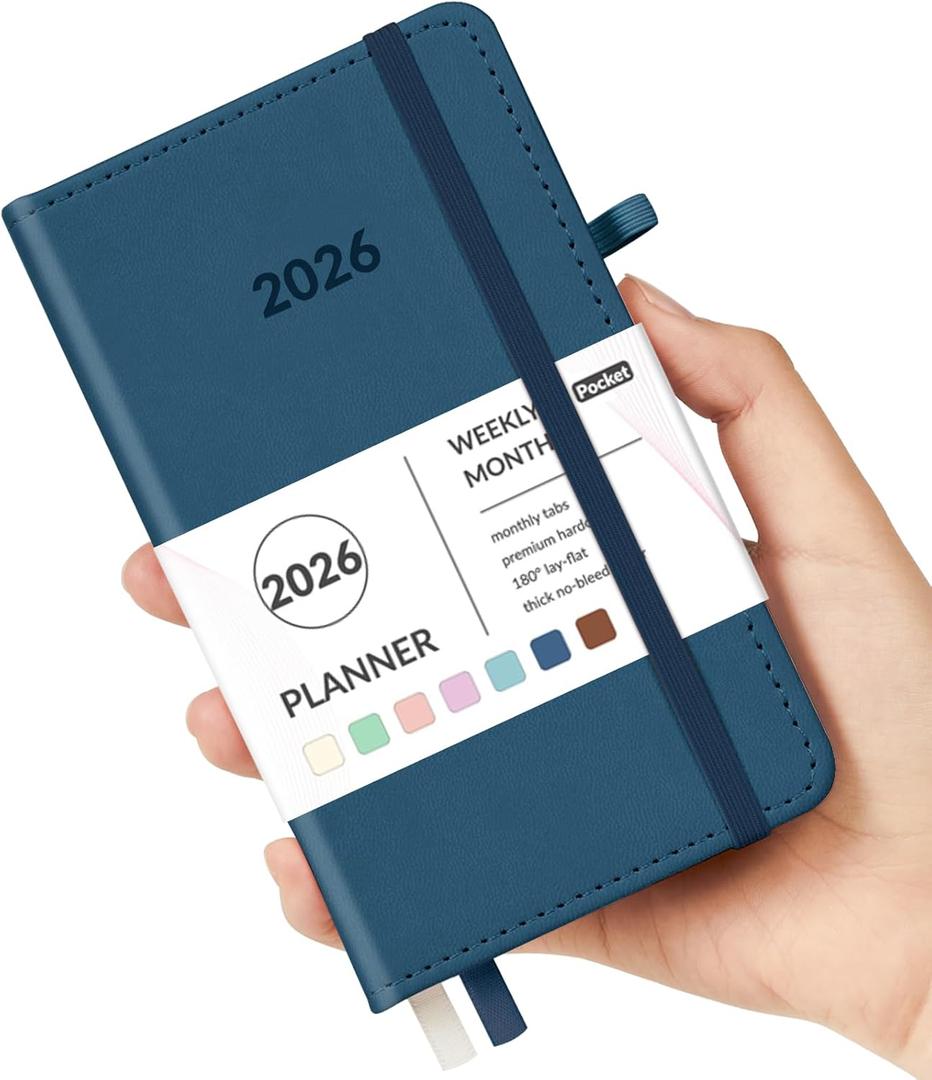 Forvencer Pocket Planner 2026, Weekly Monthly Planners with Month Tabs for Purse, 3.5" x 6", Jan 2026-Dec 2026, Cute Small Daily Academic Calendar, Elastic Band, Hardcover Agenda for Women, Teacher (Dark Blue)