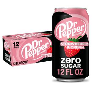 Dr Pepper Zero Strawberries and Cream Soda, 12 fl oz cans, 12 Pack (BB: December 11, 2025)