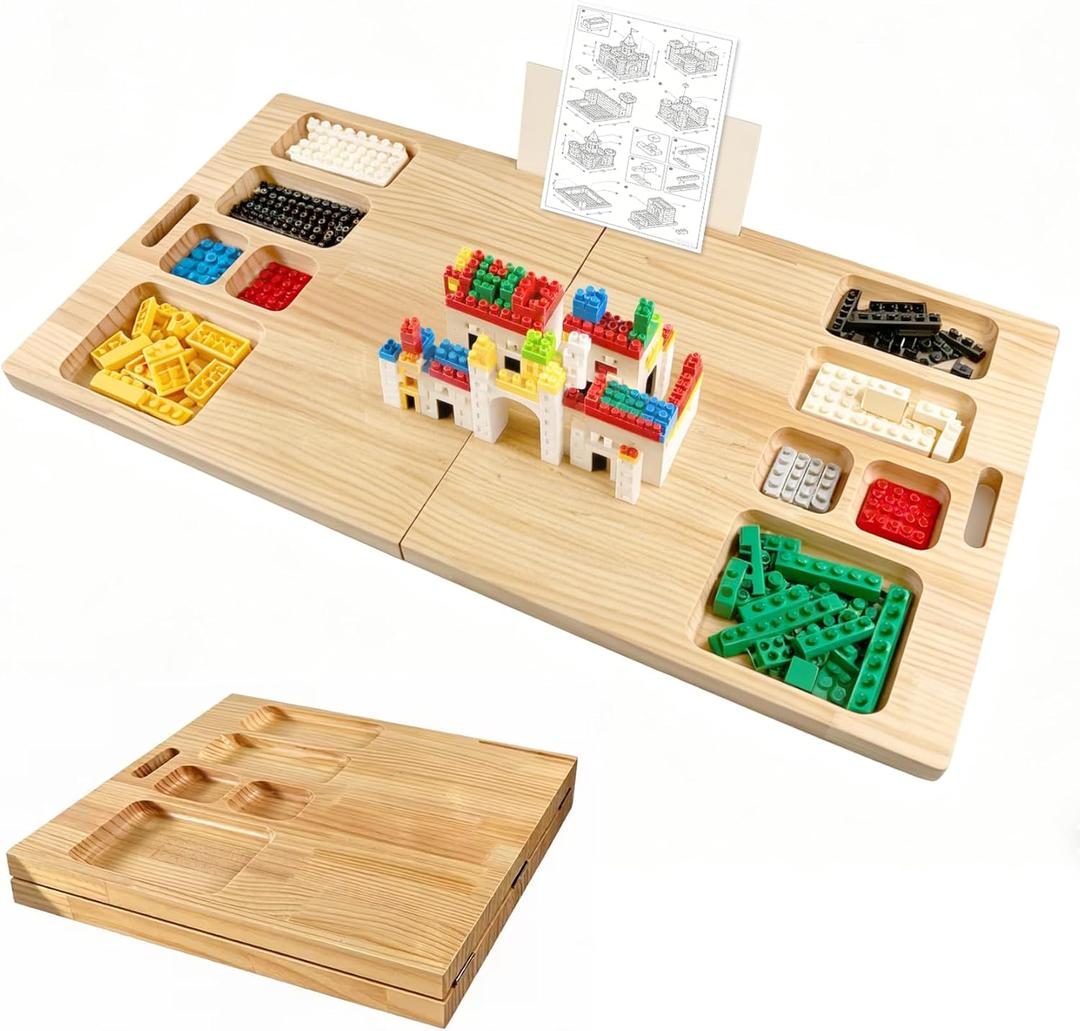 Building Tray Board for Lego, 41" x 21" Large-Area Building Baseplate Table, Natural Solid Wood, Foldable Building Table for Adults & 3+ Children, Multi-Activity Baseplate Board