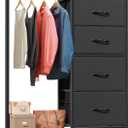 HIGDBFE Dresser with Hanging Rack, 4 Drawers Small Closet for Bedroom, Reversible Fabric Kids Chest of Drawers with Clothes Rack, Tall Storage Tower, Sturdy Frame, Black, 44''H