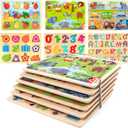 Wooden Puzzles for Toddlers with Storage Rack, WOOD CITY Toddler Puzzles Ages 3-6 for Kids, Learning Preschool Wood Puzzle for Boys and Girls-6 Pack Alphabet Number Shape Fruit Animal Vehicle