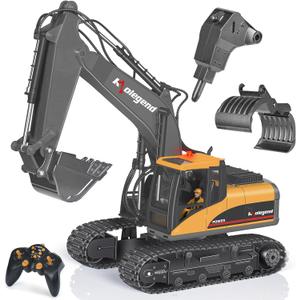 Kolegend 3 in 1 Remote Control Excavator Toy 1/14 Scale RC Excavator, 15 Channel Upgrade Full Functional Construction Vehicles with Tools Metal Breaker and Electric Gripper(Yellow/Black) (Medium)