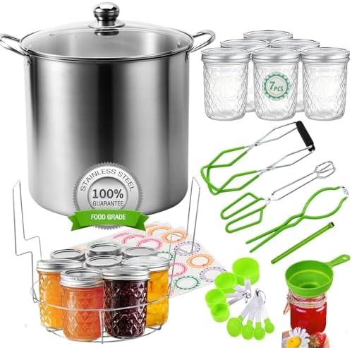 Canning Pot Water Bath Canner with Rack and Mason Jars, 20 Quart Stainless Steel Stock Pots, Canning Supplies Starter Kit Beginners Tools Set, Jar Lifter Tongs and Pickling Kit Accessories