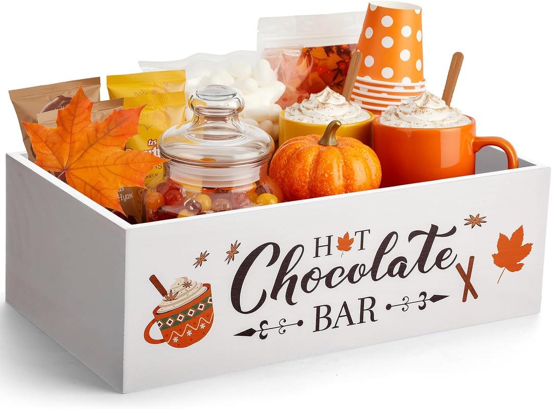 Amyhill Fall Hot Cocoa Bar Wood Station Tray Holder 12 x 6.7 x 3.9 Inches Thanksgiving Hot Cocoa Decorative Storage Open Holder Box Chocolate Organizer Bins for Holiday Supplies(Classic Style,White)