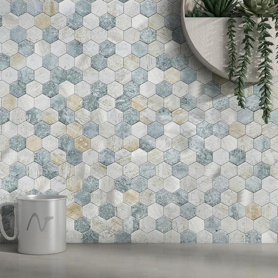 MOFIT Hexagon Peel and Stick Backsplash Tiles Kitchen, Self-Adhesive Metal and Marble Honeycomb Peel and Stick Wall Tiles Sticker Mosaic Heat Resistant(Blue Green Gray, 5sheets)