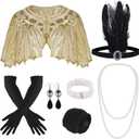 ELECLAND 10 Pieces 1920s Flapper Gatsby Accessories Set Fashion Roaring 20's Theme Set with Headband Headpiece for Women (Apricot Gold)