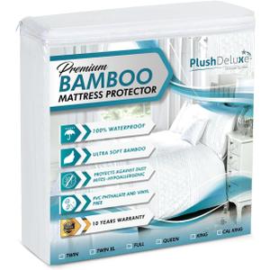PlushDeluxe Premium Bamboo Mattress Protector Queen Size, Waterproof, & Ultra Soft Breathable Noiseless Washable Bed Mattress Cover for Comfort & Protection - White