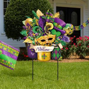 Metal Mardi Gras Decoration Carnival Welcome Yard Sign Stake 14.2 Inch Mask Feather Mason Jar Outdoor Yard Decor for Mardi Gras Carnival Outside Lawn Decorations Garden Patio Walkway