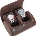 CONTACTS Genuine Leather Watch Roll Travel Watch Case 2 Slot Crazy Horse Leather Watch Box Organizer for Men Storage Display Protector Pouch (for 2 Pieces Watches)