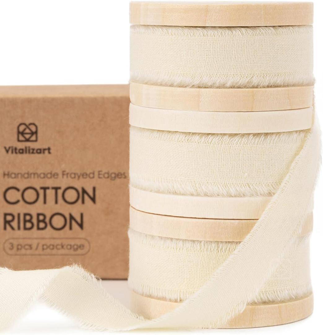 Vitalizart White Cotton Ribbon Handmade Fringe 5/8" x 21 Yd Cream Pure Natural Cotton Ribbons for Gift Wrapping Wedding Invites Bridal Shower Bouquets Holiday Decor
