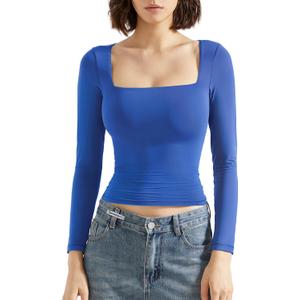 SUUKSESS Women Square Neck Long Sleeve Tops Double Lined Going Out T Shirts (Small, Sapphire)