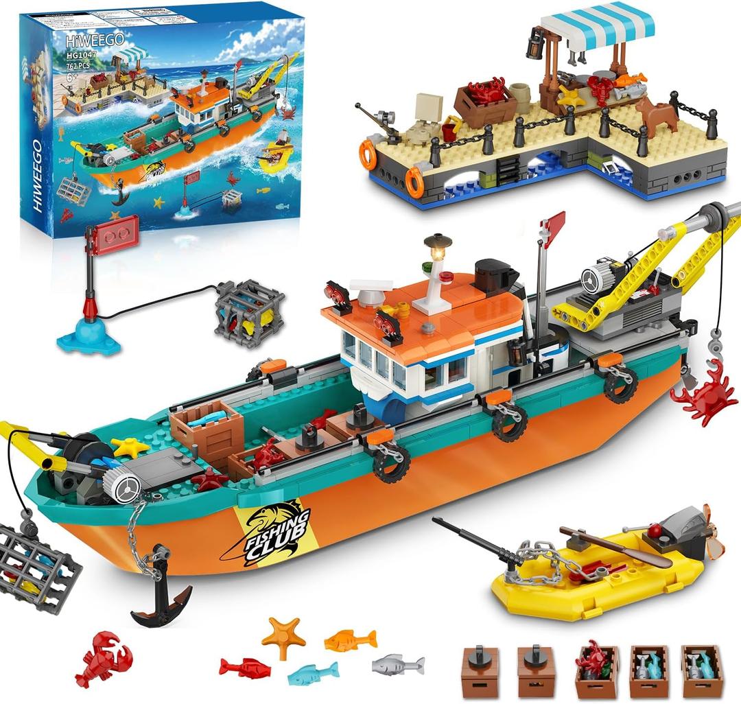 City Fishing Boat Wharf Building Set - Floatable Sea Fishing Ship Building Block Kit with Speedboat Crane Containers Exploration Boats Toy Birthday Gift for Kids Boys Girls 6 7 8 9 10+, 762PCS