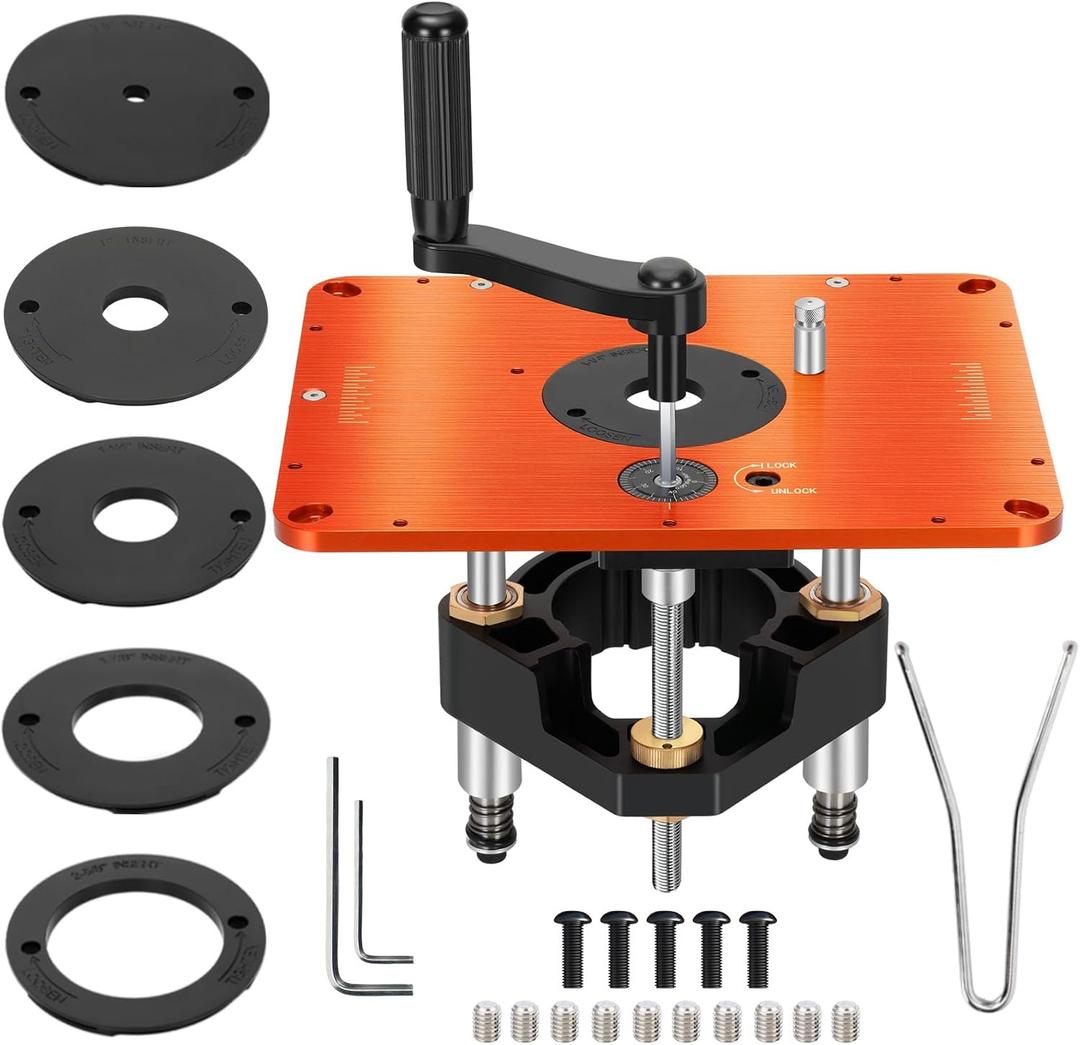 3-1/2" Router Lift System, Precision Router Table Lift for 3-1/2" Diameter Motor, 9-1/4'' x 11-3/4'' Plate 5-Piece Insert Ring Kit Compatible with Bosch, Kreg, Skil, Porter, DeWalt, Craftsman, Ridgid 3-1/2" Router Lift System, Precision Router Table Lift for 3-1/2" Diameter Motor, 9-1/4'' x 11-3/4'' Plate 5-Piece Insert Ring Kit Compatible with Bosch, Kreg, Skil, Porter, DeWalt, Craftsman, Ridgid