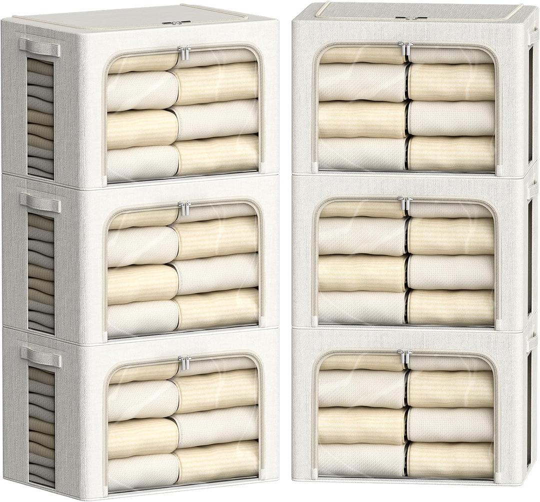 FHSQX 6 Pack Clothes Storage Bins with Metal Frame Foldable Storage Bins for Clothes Linen Fabric Storage Box with Clear Window (Lvory White, 19.7x15.7x13inch(66L))