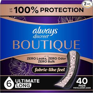 Always Discreet Boutique Incontinence Pads, for Bladder Leaks, Extra Heavy Absorbency, Long Length, 40 Count (2 Packs of 20)