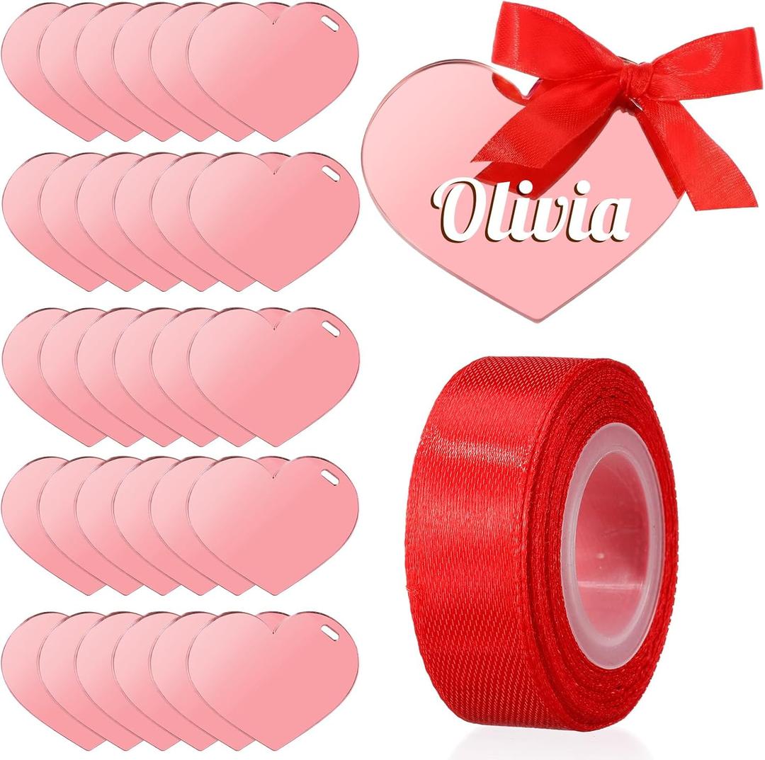 30 Pcs Wedding Acrylic Mirror Heart Place Cards, Blank Heart Name Tags for Table Settings Wedding Guest Name Labels, Bridal Shower Table Decor, Birthday Anniversary Party Decorations(Pink)