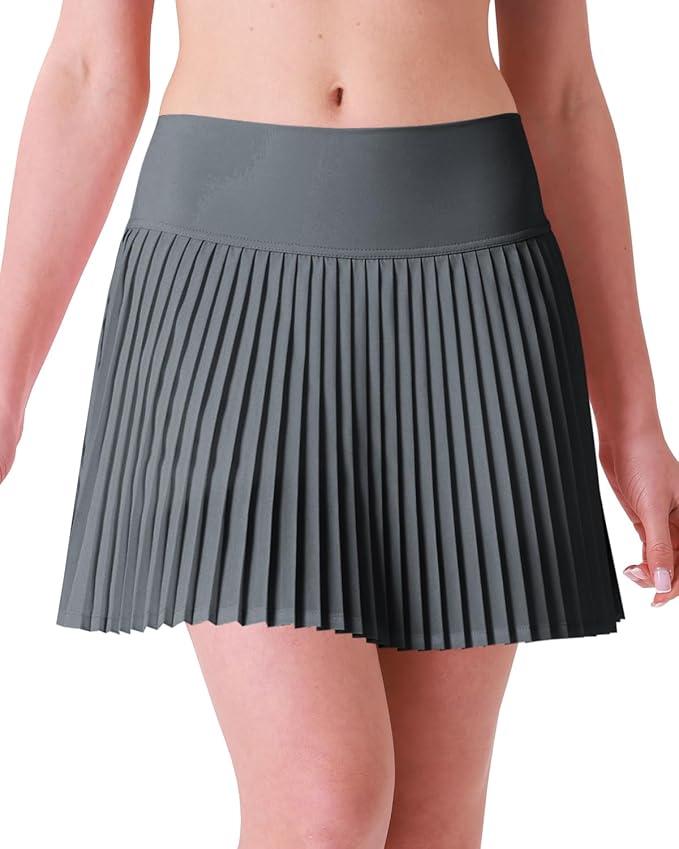 Pleated Tennis Skirts Womens Athletic Golf Skorts Workout Skirt with 2 Pockets on Liner Shorts Grey M