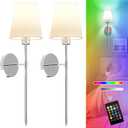Battery Operated Wall Sconces Set of Two, Chrome Wireless Wall Lights with 5200mAh Dimmable Bulbs and Remote, 12 Color Rechargeable Wall Sconce for Bedroom Living Room Hallway, 24 Inch