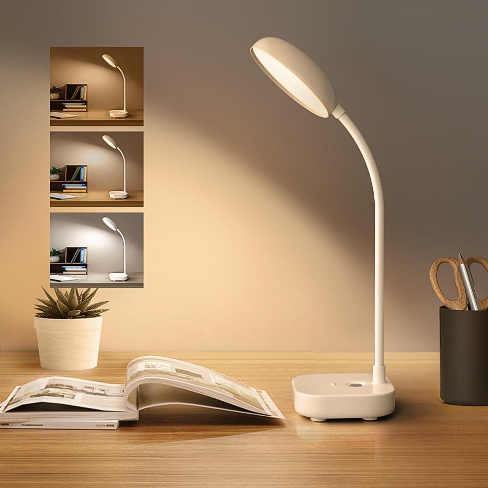 Small Battery Powered Desk Lamp,Wireless Portable Reading & Office Lamp,400LM Rechargeable LED Light,3 Colors (White/Warm White/Warm),360Gooseneck Hose,Adjustable brightness,20 LED for Bedroom & Desk (1 Pack)